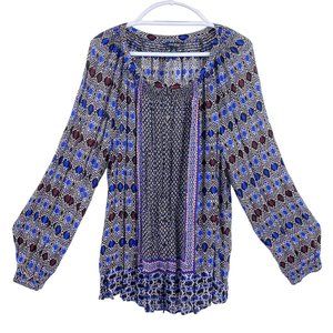 Lucky Brand boho peasant blouse size 1X Ikat pattern hippie semi sheer